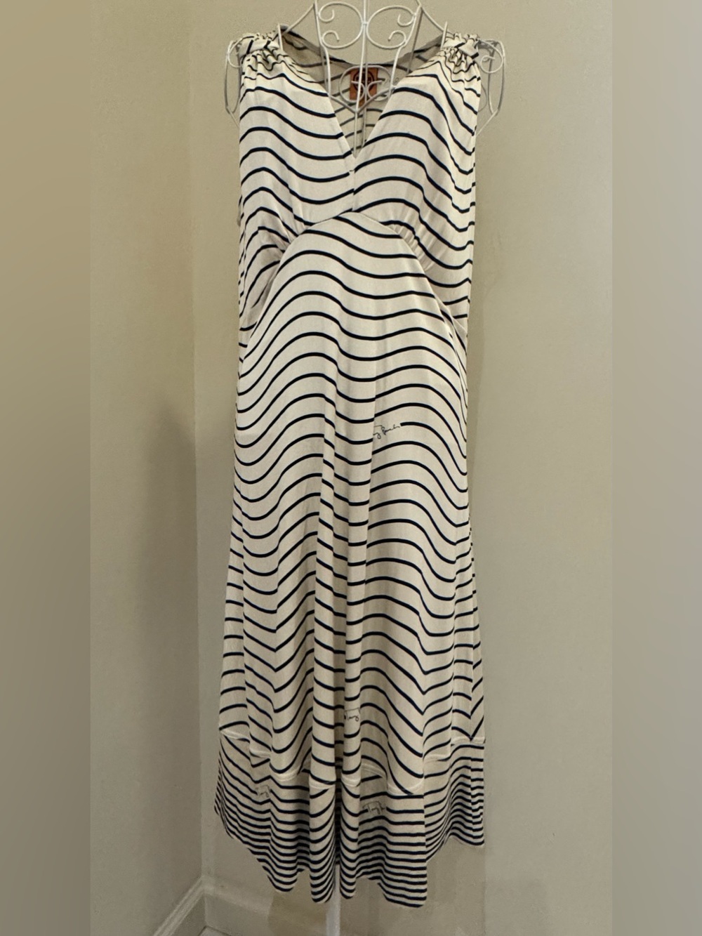 Tory Burch Striped Sleeveless V-Neck Midi Dress in White and Navy Size L